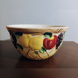 Vibrant Red and Yellow Ceramic Cookware Bowl with Rustic Fruit Design